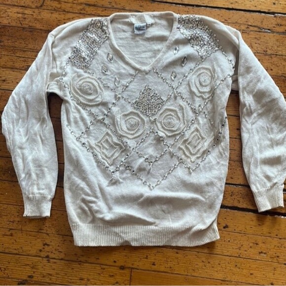 Vintage Sweaters - Maurada Vintage Beaded Knit Sweater White Size Medium